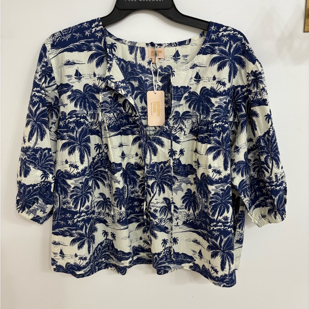 BRAND NEW WITH TAGS-  Relaxed Navy Palm-Print Blouse - Women's Cotton Top
